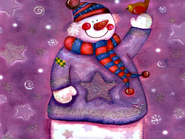 3d обои Прикольный снеговик поздравляет всех с Новым годом, в руке у него пичуга  птицы