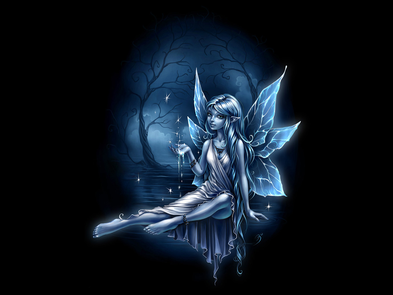3d обои Эльфийка плещется лунной ночью, с ладони взлетают вверх волшебные искорки  эльфы # 89460