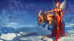 3d обои Ангел в красных доспехах с ручным монстром на фоне ледовых гор  ангелы