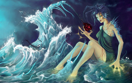 3d обои Злая колдунья держит в руках что-то очень привлекательное для странных морских существ  магия