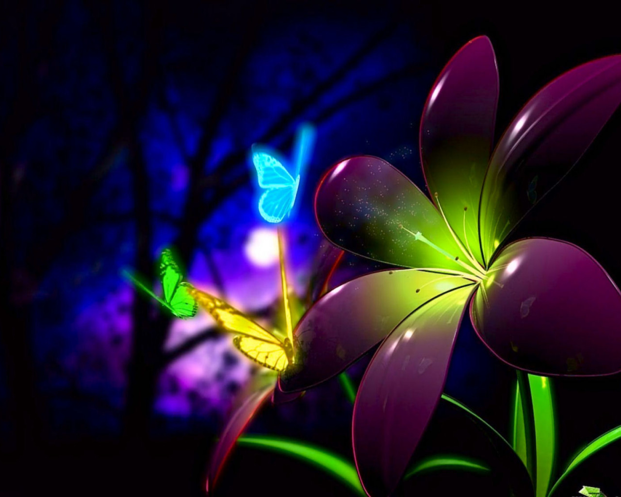 3d обои Волшебный цветок открывается только по ночам, на него слетаются бабочки  ночь # 67789