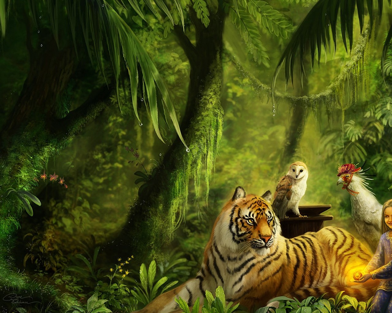 3d обои В сказочном лесу девочка собрала вокруг себя всех своих друзей: могучего тигра, мудрую сову, и важную курицу  тигры # 83334