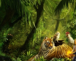 3d обои В сказочном лесу девочка собрала вокруг себя всех своих друзей: могучего тигра, мудрую сову, и важную курицу  тигры