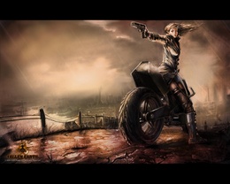 3d обои Постапокалиптический пейзаж и девушка с пистолетом на мотоцикле (Fallen earth)  милитари