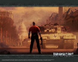 3d обои Рисунок к игре (Turning point Fall of liberty) Посреди америки один солдат герой с автоматом против танка  игры