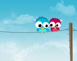 3d обои Две пташки сидят на проводах и в ответ на объяснение в любви птыц получает отказ в нецензурной форме - ?!#@!  сердечки