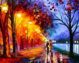 3d обои Осень.. дождь.. аллея парка.. в багряц одетые деревья.. влюблённая парочка под зонтом  дороги