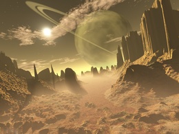 3d обои Песчаная планета, сквозь пыть и солнечный свет виднеется соседняя планета  3d графика