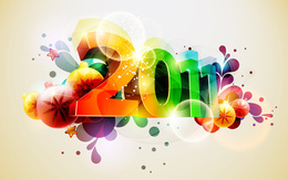 3d обои 2011 - разноцветная надпись, новогодние игрушки, звёздочки  позитив