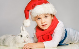 3d обои Ребенок в шапке деда мороза и кролик  новый год