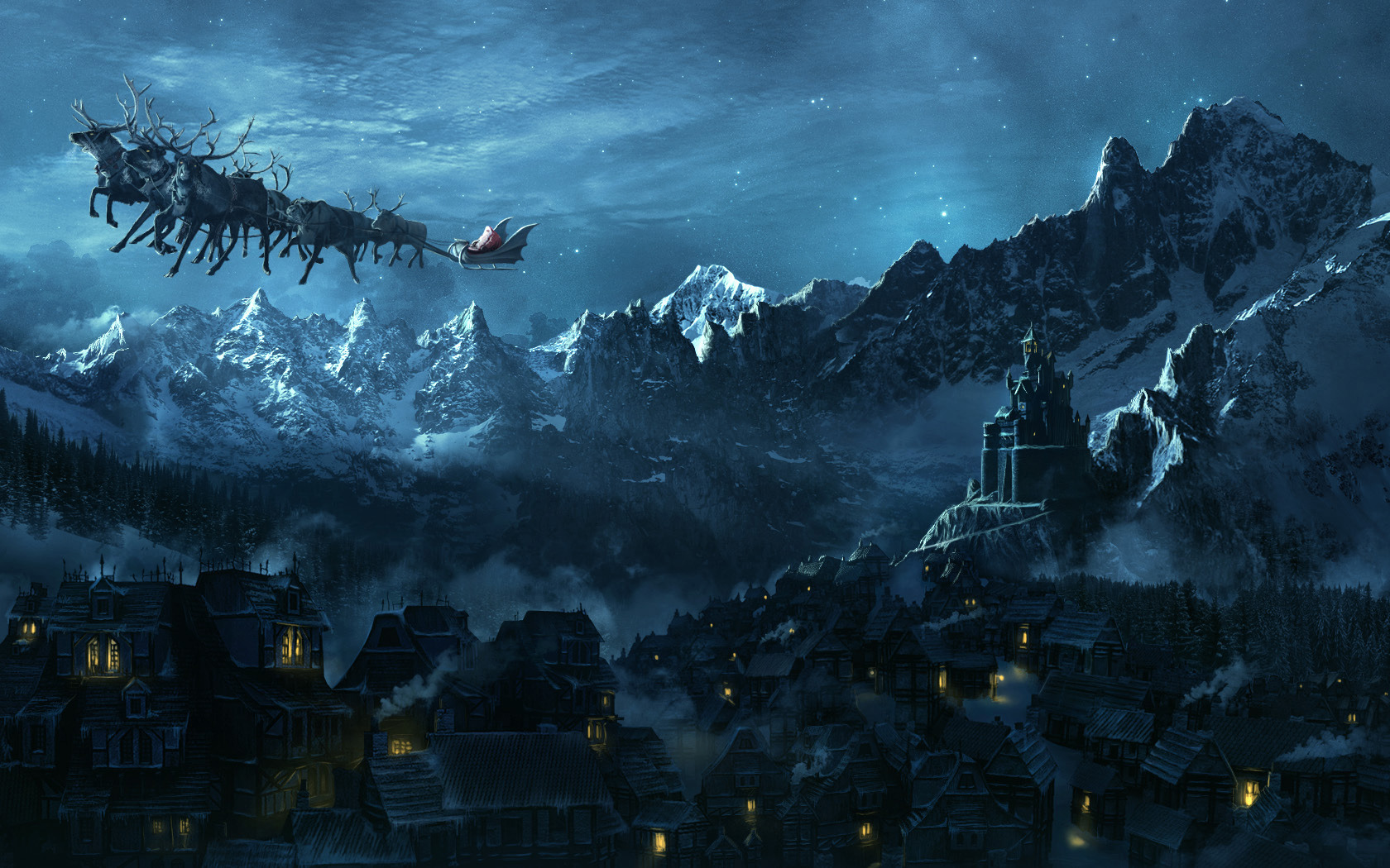 3d обои Санта Клаус летит над ночной деревушкой лежащей у подножья гор, чтобы залезть в камин к ее жителям  ночь # 67774
