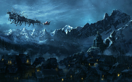 3d обои Санта Клаус летит над ночной деревушкой лежащей у подножья гор, чтобы залезть в камин к ее жителям  зима
