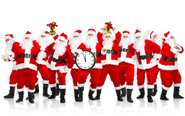 3d обои Целая толпа Санта-Клаусов с колокольчиками и часами в нетерпении от ожидания Нового года  эмо