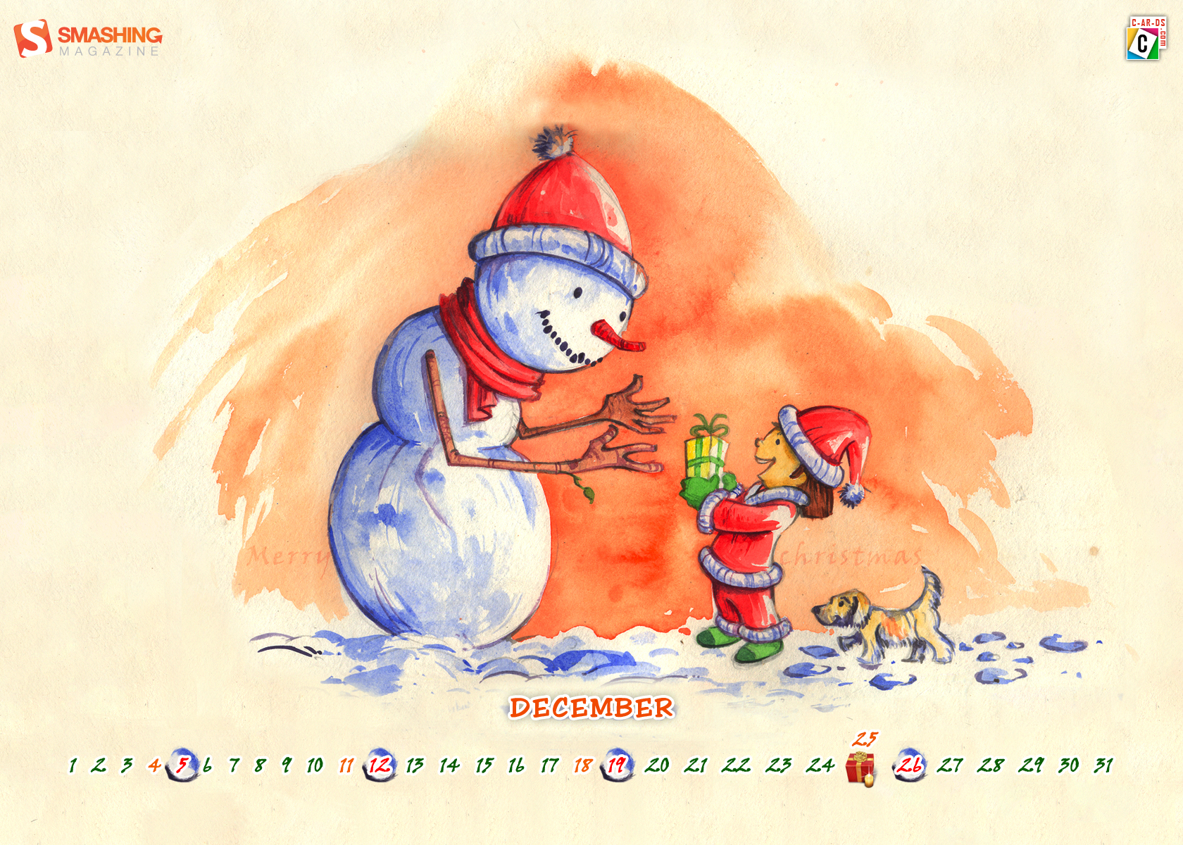 3d обои Календарь на декабрь, Маленький санта вручает подарок снеговику подарок (Marry Chr istmas, december)  эмоциональные # 90032