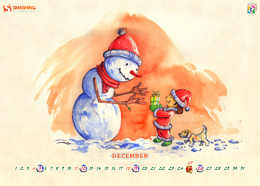 3d обои Календарь на декабрь, Маленький санта вручает подарок снеговику подарок (Marry Chr istmas, december)  эмо