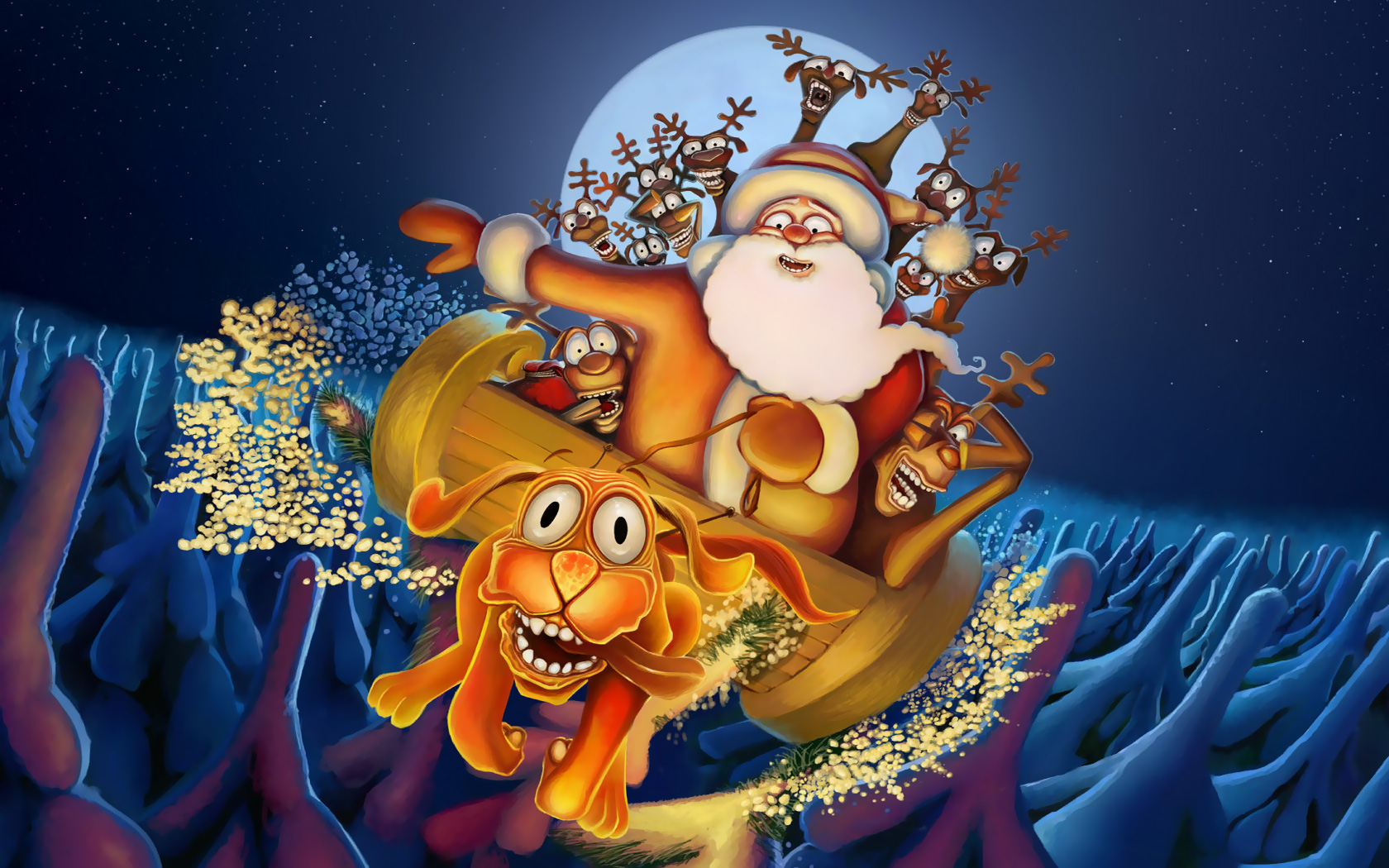 3d обои Дед Мороз с оленями забрались в сани, которые везёт обезумевший пёс  старики # 82157