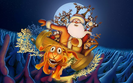 3d обои Дед Мороз с оленями забрались в сани, которые везёт обезумевший пёс  старики