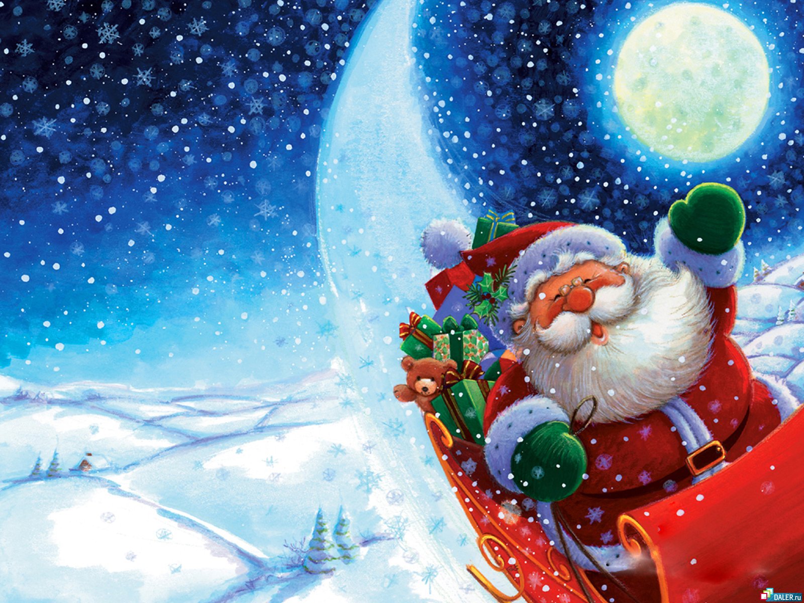 3d обои Луна. Зима. Новый Год. Санта на санях с подарками летает над снежными просторами  игрушки # 41549