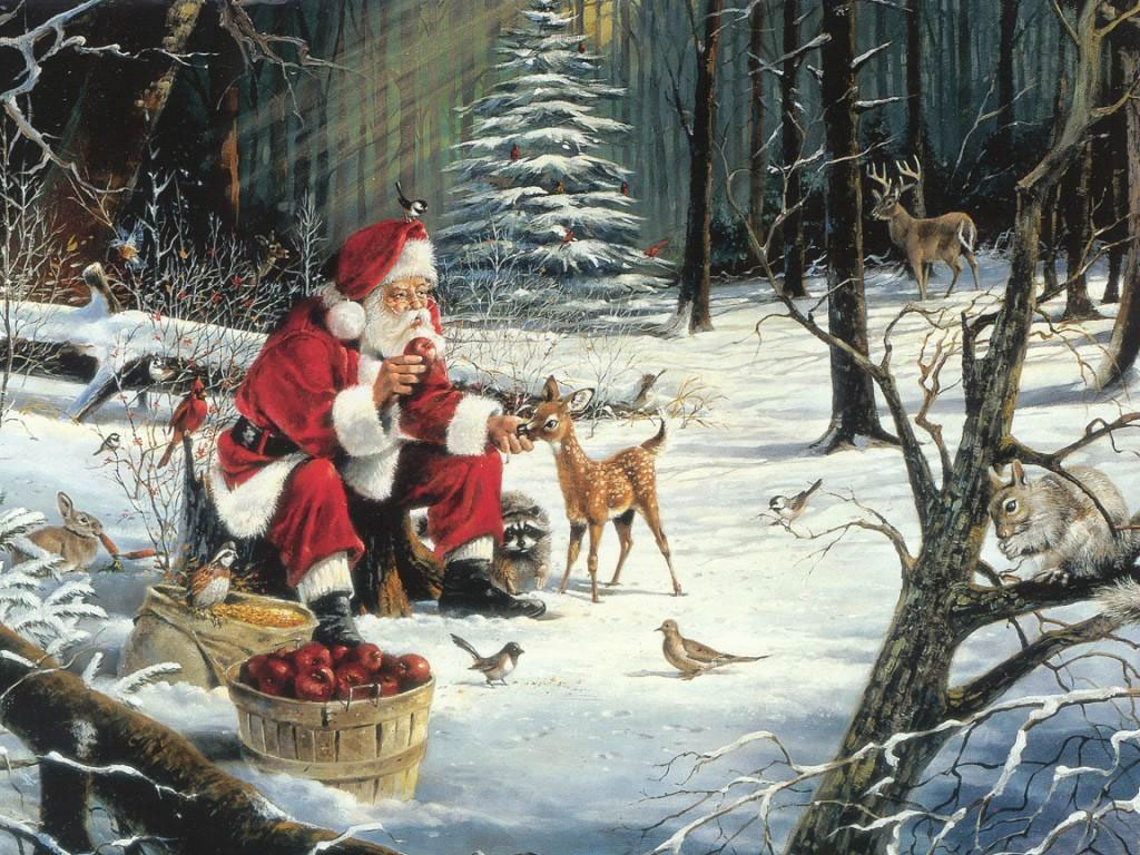 3d обои Дед Мороз подкармливает оленёнка  новый год # 65650