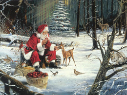 3d обои Дед Мороз подкармливает оленёнка  змеи
