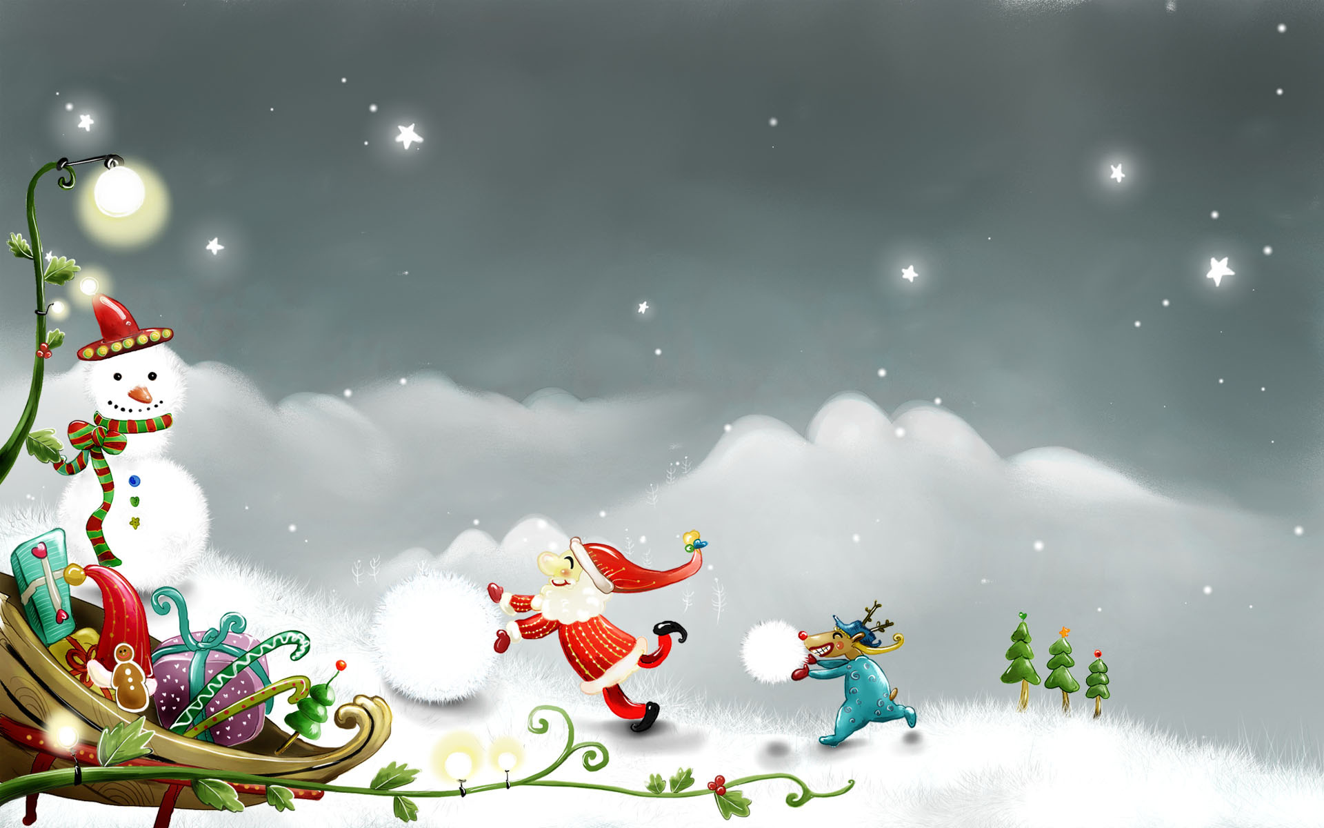 3d обои Маленький дед Мороз с весёлым оленем катают снежки, рядом снеговик и санки с подарками  зима # 41001