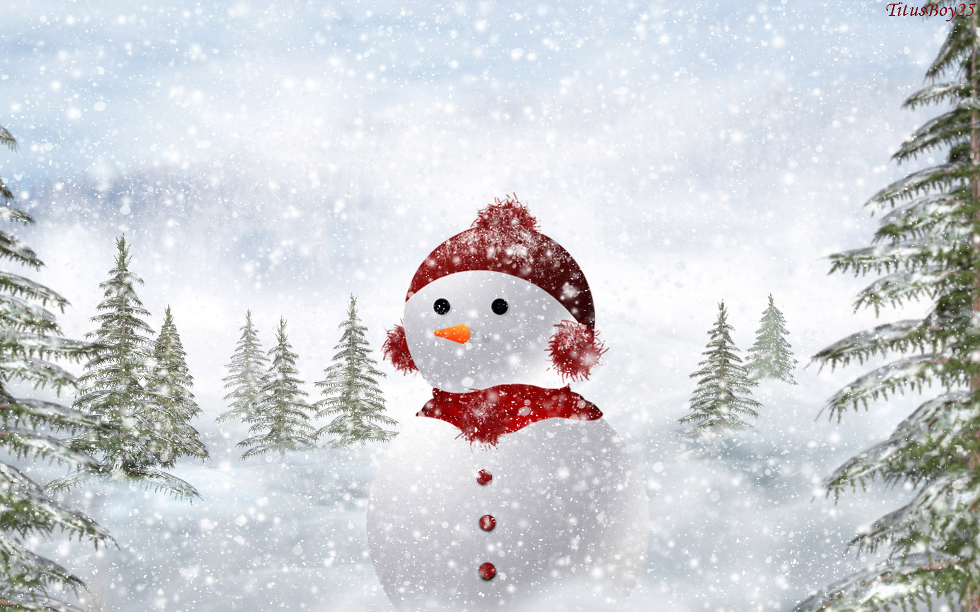 3d обои Снеговик в красной шапочке и шарфе в лесу под снегопадом  зима # 40992