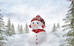 3d обои Снеговик в красной шапочке и шарфе в лесу под снегопадом  зима