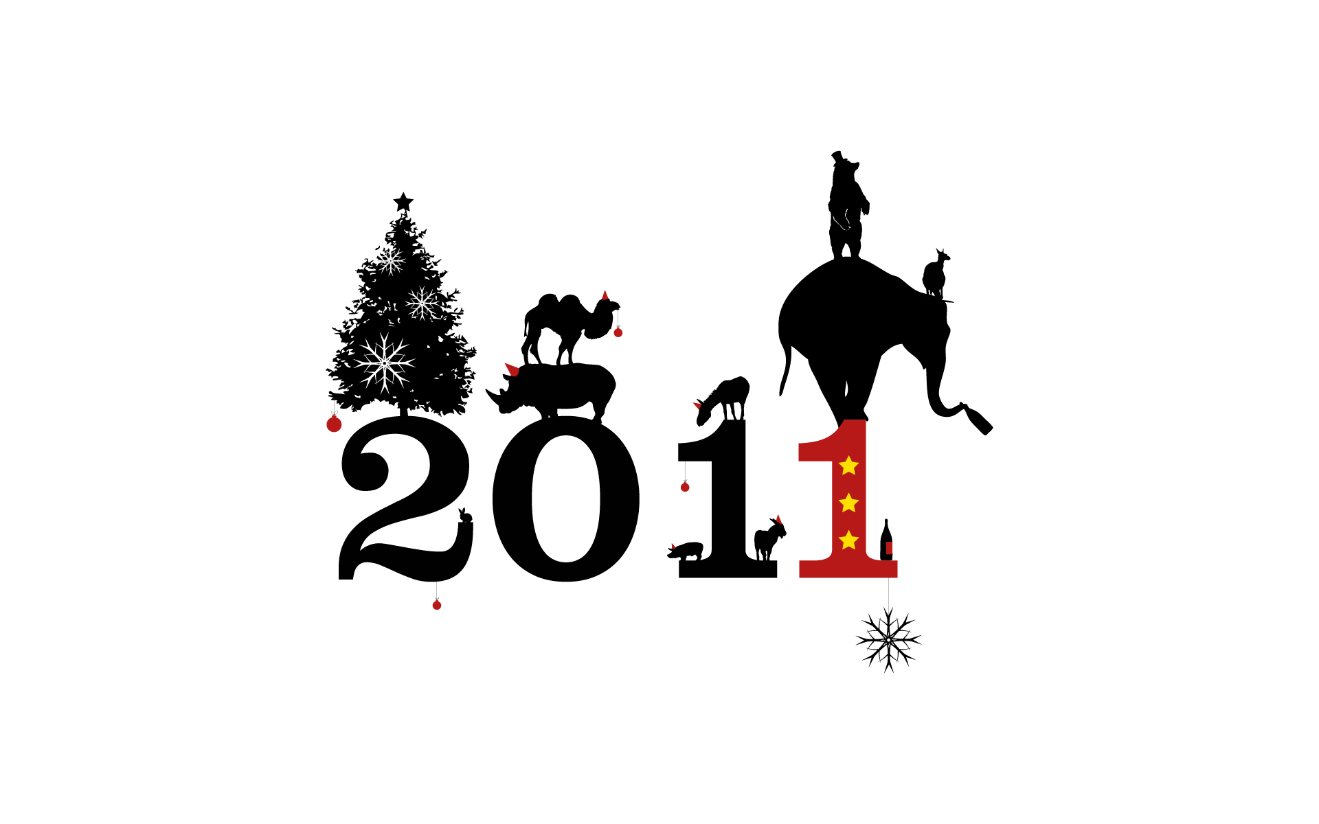 3d обои Новый Год 2011, на цифрах стоят самые разнообразные животные, а так же елка и спиртные напитки  свиньи # 79621