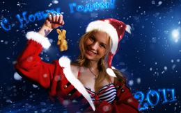 3d обои С Новым Годом 2011! Нас поздравляет симпатичная Снегурочка с игрушечным зайкой в руке  позитив