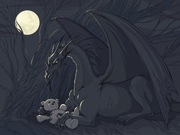 3d обои Дракон баюкает игрушечного мишку, тот улыбается в ответ...  луна