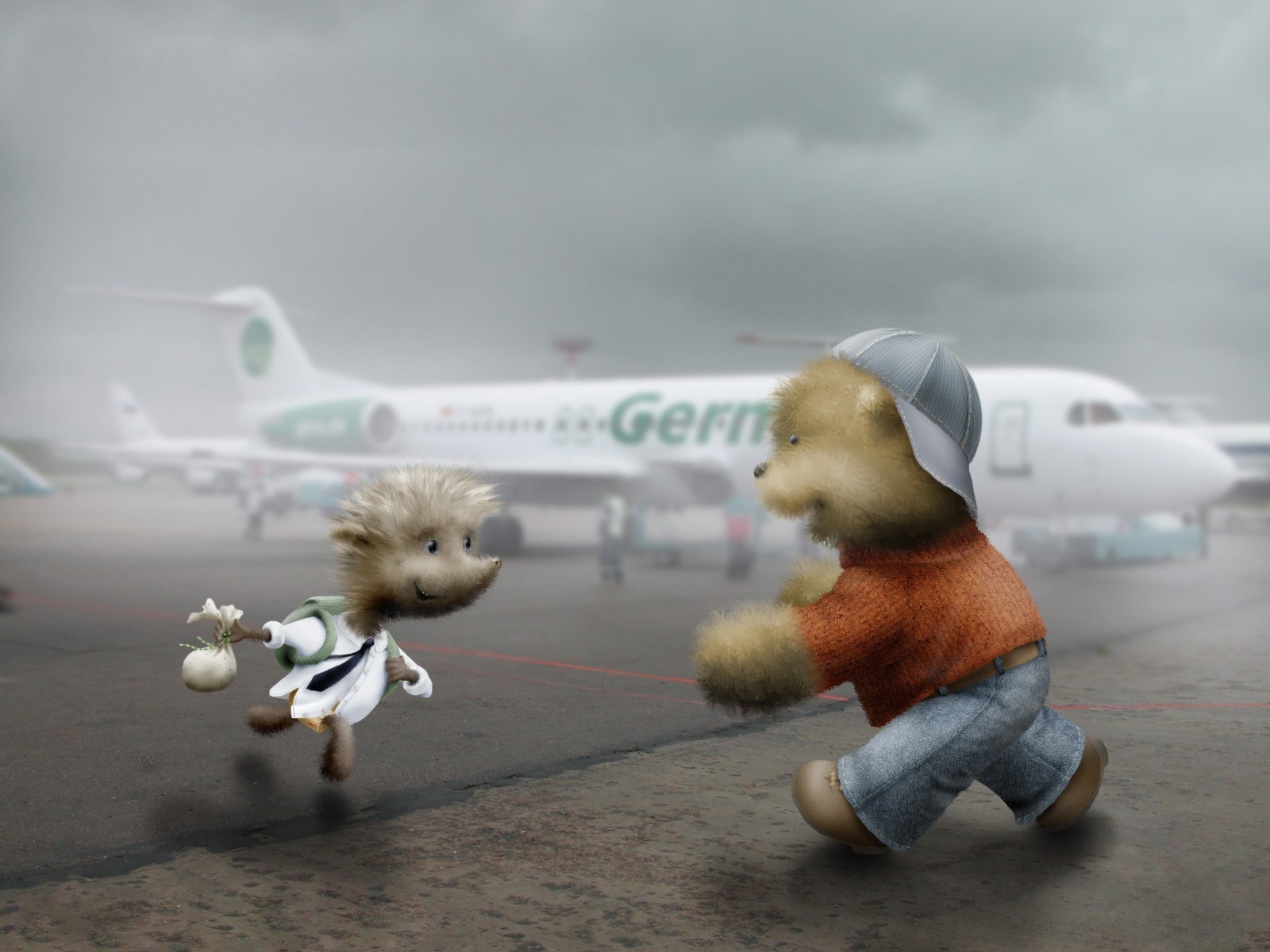 3d обои Мишка встречает в аэропорту прилетевшего ёжика  прикольные # 70891