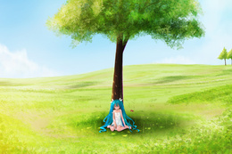3d обои Вокалоид Хатсуне Мику на поляне сидит под одиноко стоящим деревом  птицы