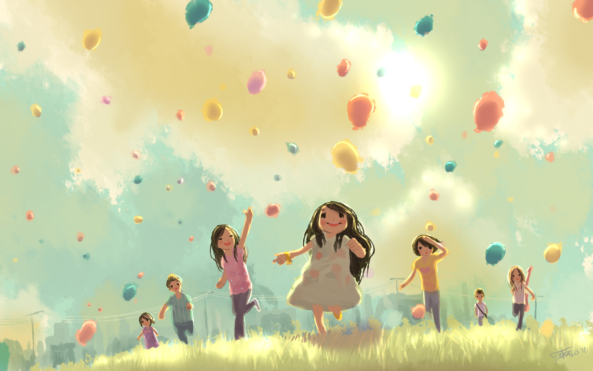 3d обои Праздник детства. Дети запускают в небо воздушные шарики..  эмоциональные # 90001