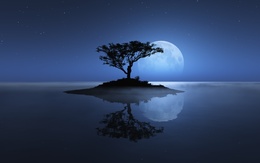 3d обои Под звёздным небом на островке одинокое деревце, за ним огромная луна, веет грустью...  луна