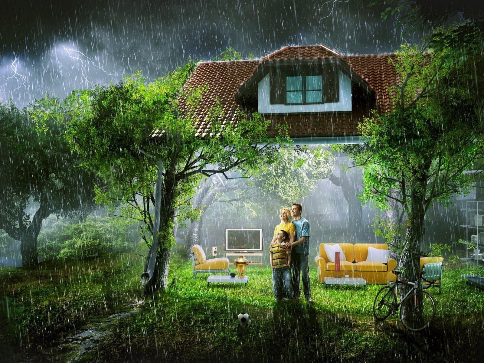 3d обои стены дома вдруг исчезли, счастливая семья стоит под тёплым летним дождём, вдыхая полной грудью пряный запах леса и наслаждаясь мгновениями счастья...  дождь # 34531