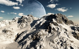 3d обои Снежные скалы, над которыми виднеется огромная планета  ретушь