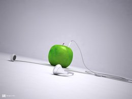 3d обои Белые наушники воткнуты в яблоко (Design for life)  техника