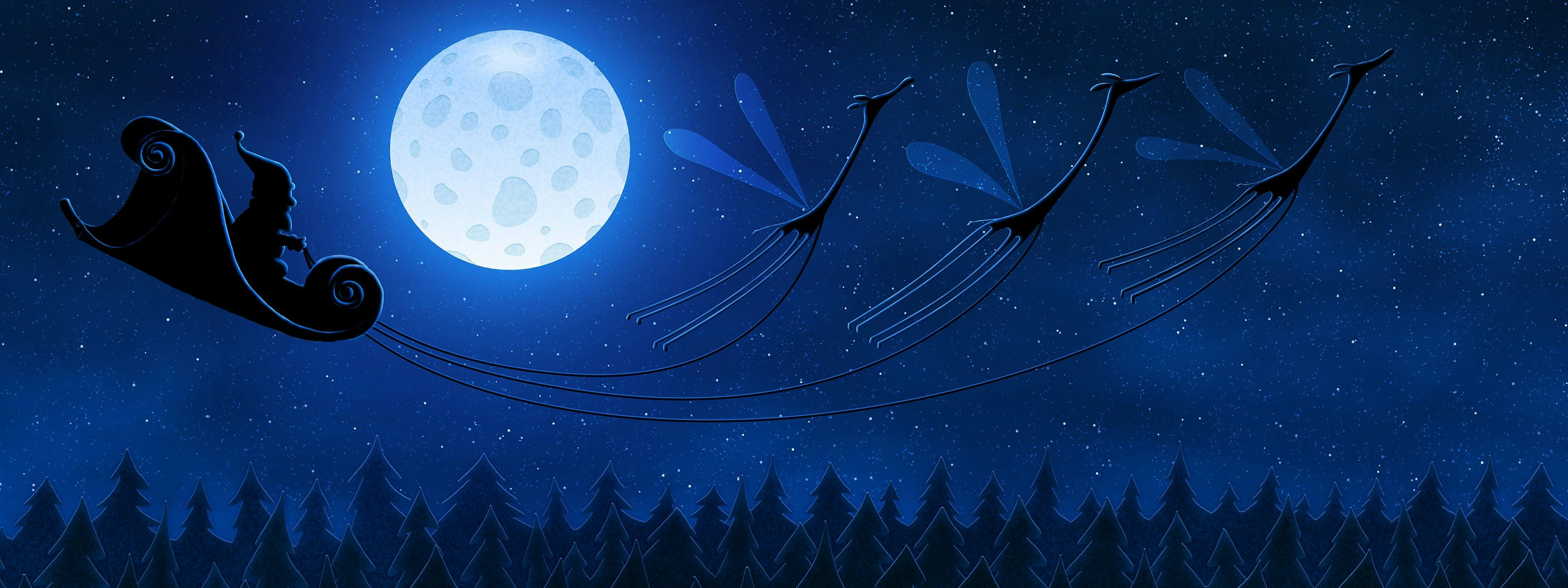 3d обои Санта Клаус несётся над ёлочками в звёздном небе на санях, в которые запряжены крылатые олени  3200х1200 # 17325