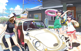 3d обои Три весёлые девушки собрались на отдых, бегут с радостными криками к машине  авто
