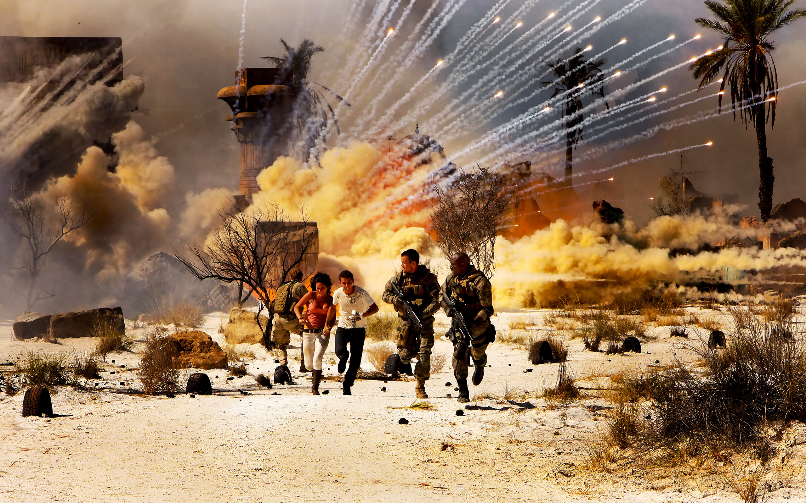 3d обои Сцена военного сражения, двое солдат и двое граждансикх убегают от взрывов снарядов и перестрелки  дым # 36168