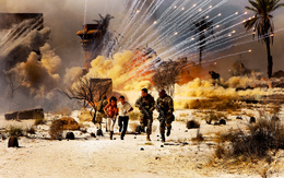 3d обои Сцена военного сражения, двое солдат и двое граждансикх убегают от взрывов снарядов и перестрелки  дым