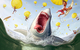 3d обои Праздник у голодной акулы: С неба падают сёрфингисты с парашютами  эмоциональные