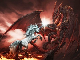 3d обои Война единорога с драконом, свирепая схватка на горящей скале  лошади