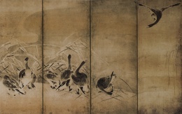 3d обои Японская ширма с мотивом гусей  птицы