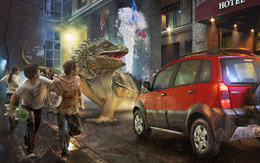 3d обои На улицу тихого городка вдруг врывается доисторическое чудовище  динозавры