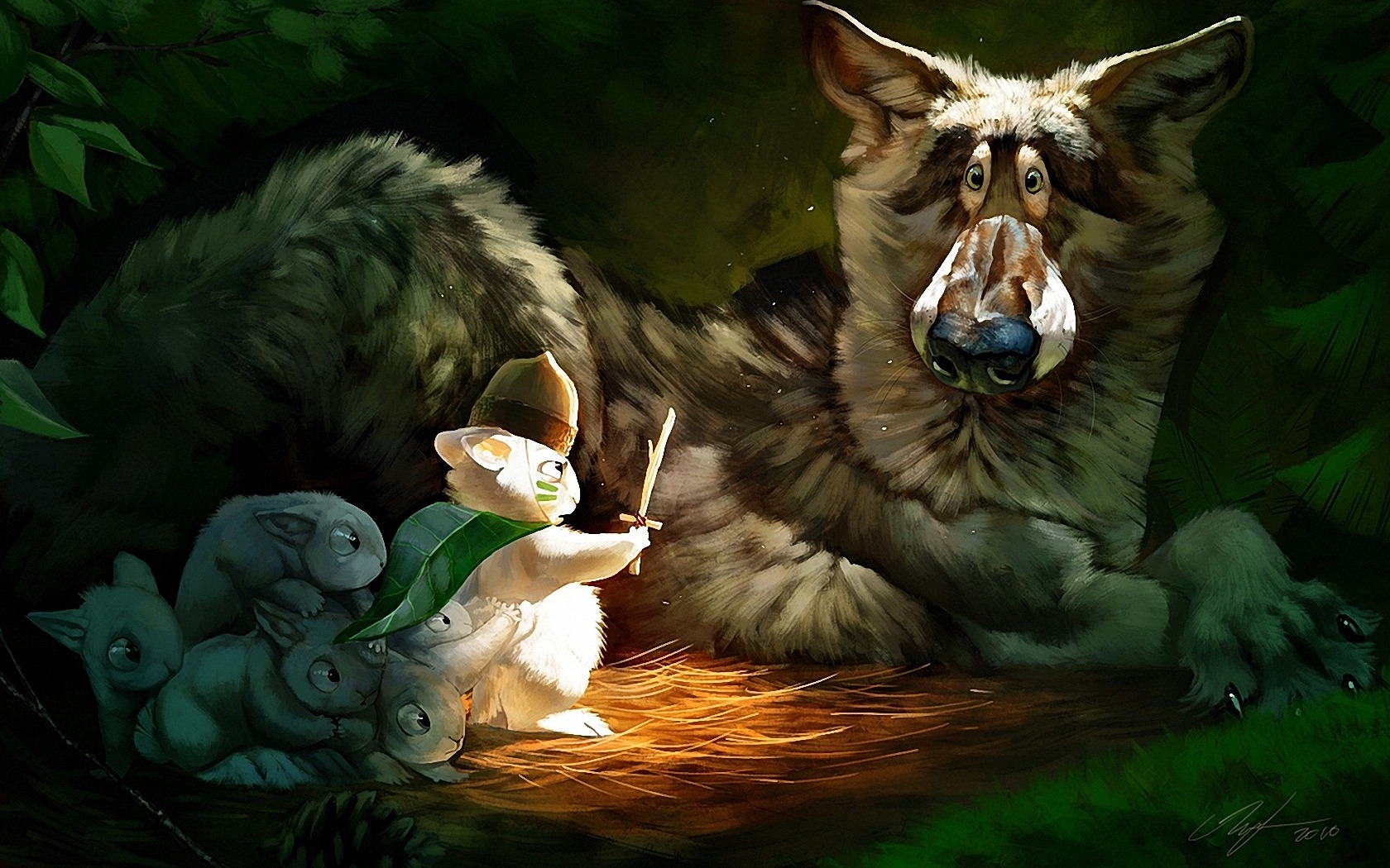 3d обои Храбрый зайчишка со своим многочисленный семейством пытаются напугать ничего не понимающего волка  волки # 23408