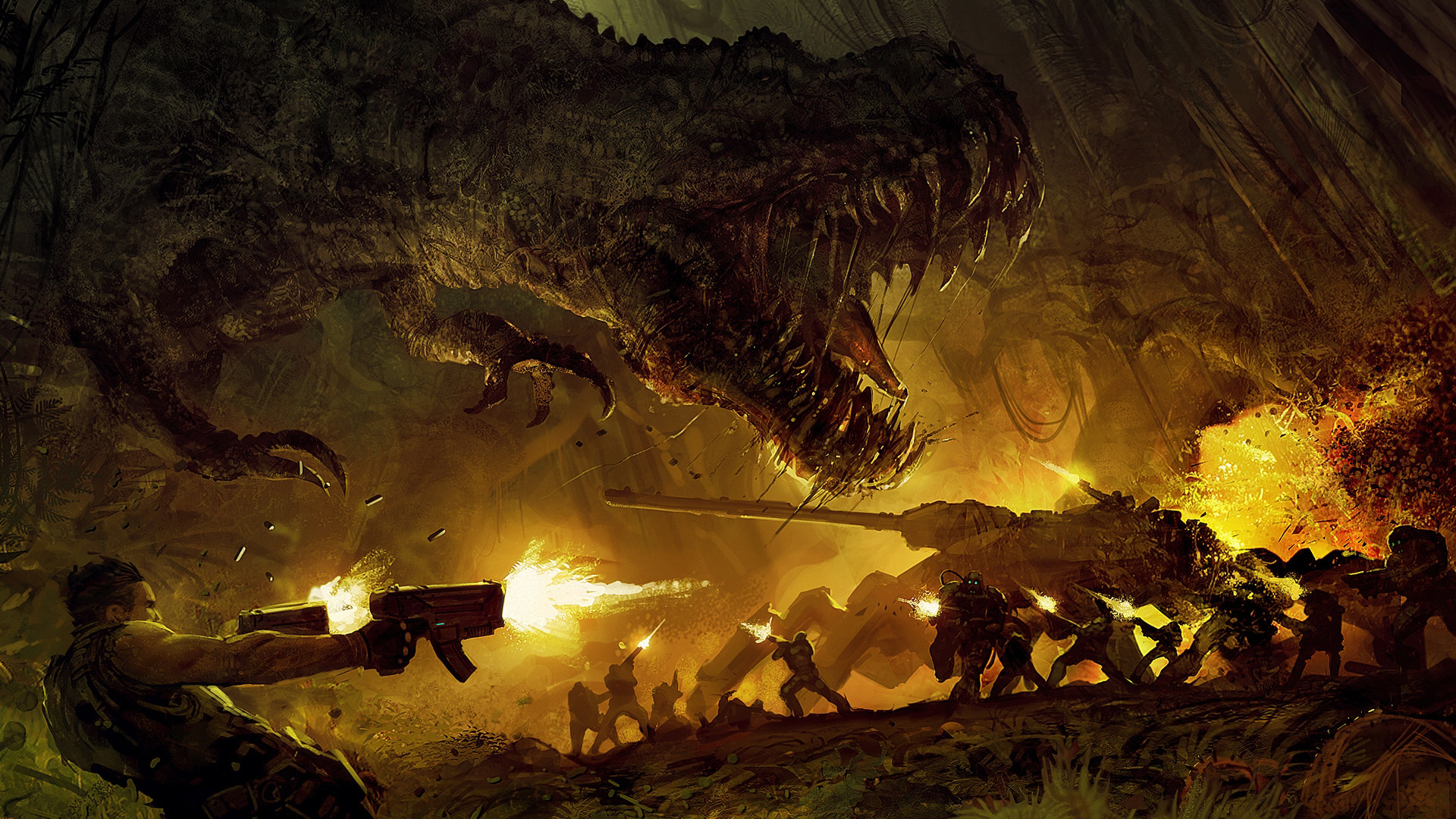 3d обои Война вооруженных  людей на танках с огромнейшим злым динозавтром  динозавры # 34254