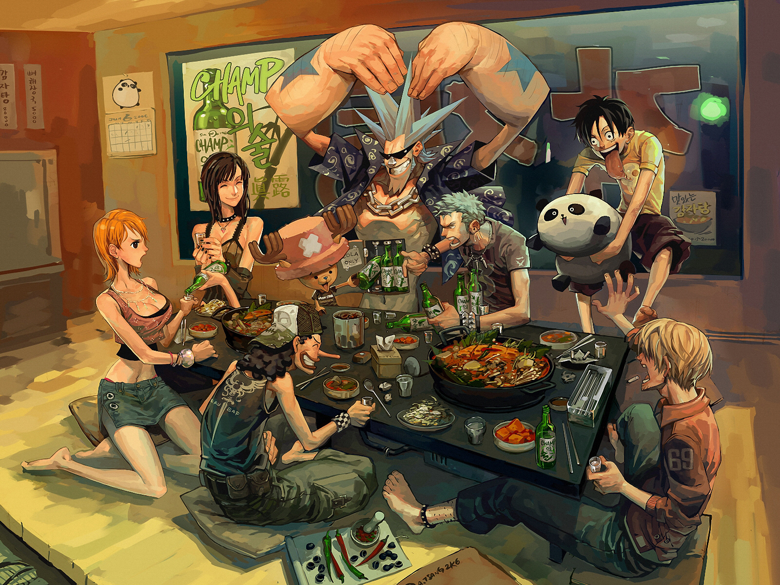 3d обои Герои аниме собрались за одним столом, они веселятся, едят, и пьют пиво, в общем замечательно проводят время (CHAMP)  эмоциональные # 90006