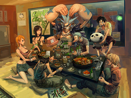 3d обои Герои аниме собрались за одним столом, они веселятся, едят, и пьют пиво, в общем замечательно проводят время (CHAMP)  эмоциональные