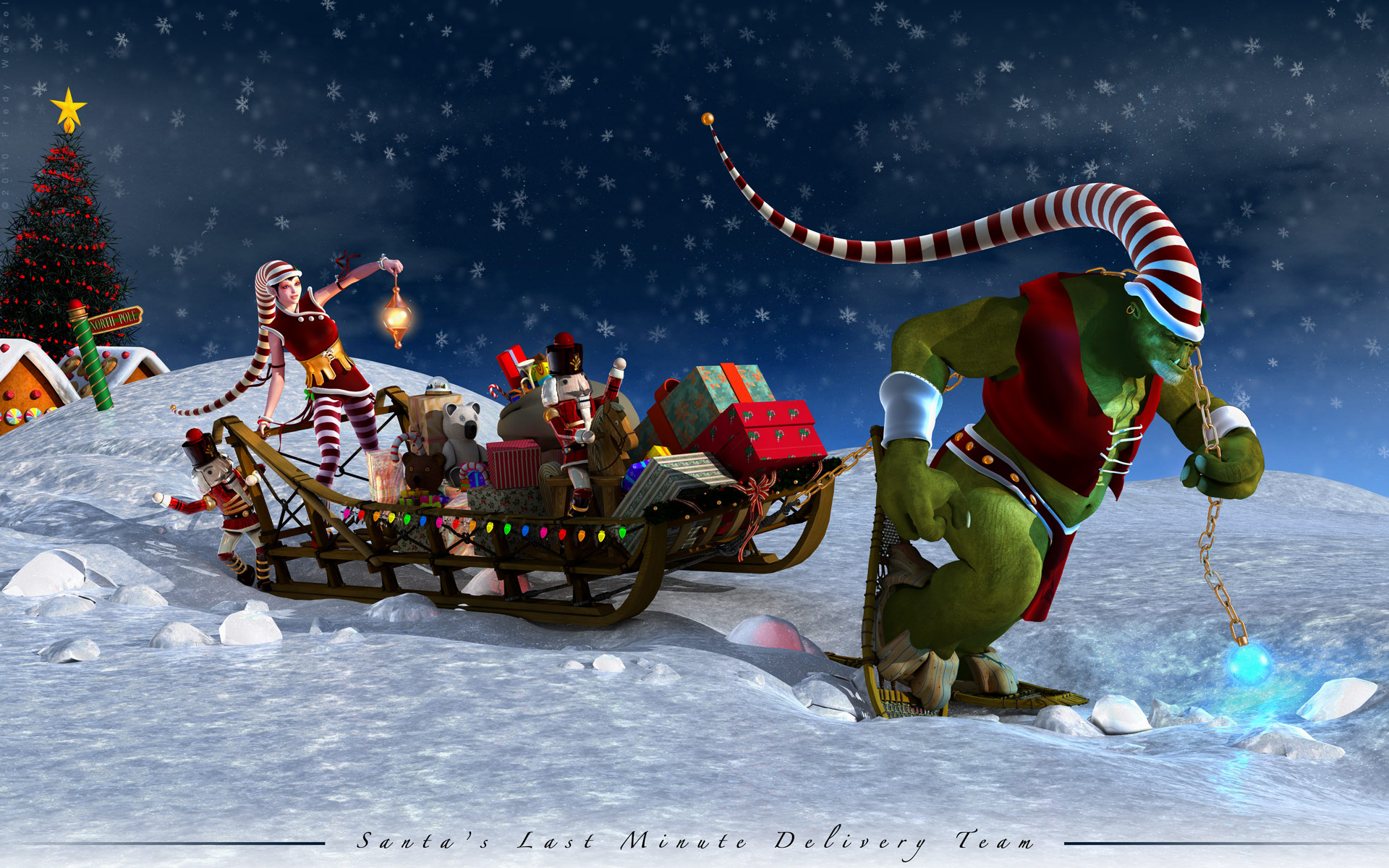3d обои В роли снегурочки и Санты - герои игры, которые тащат подарки в санях (Santas last Minute Delivery Team)  зима # 40967